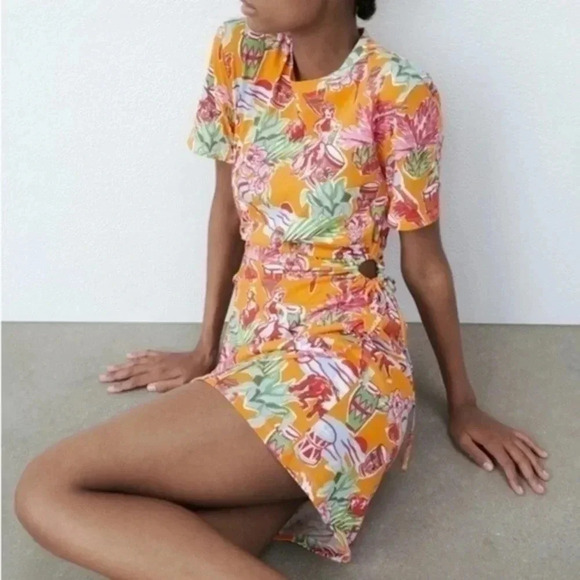 ZARA Orange Tropical Print Side Cutout Mini Dress Large 0085/815 - Picture 1 of 8
